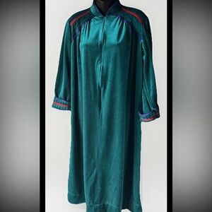 Vintage Velour Housecoat Anne Leslie Teal Half Zip Medium Grannycore Made In USA